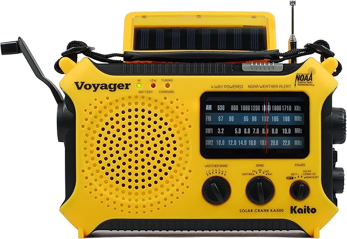 Kaito KA500 5-way Powered Solar Power,Dynamo Crank, Wind Up Emergency AM/FM/SW/NOAA Weather Alert Radio with Flashlight,Reading Lamp and Cellphone Charger, Yellow