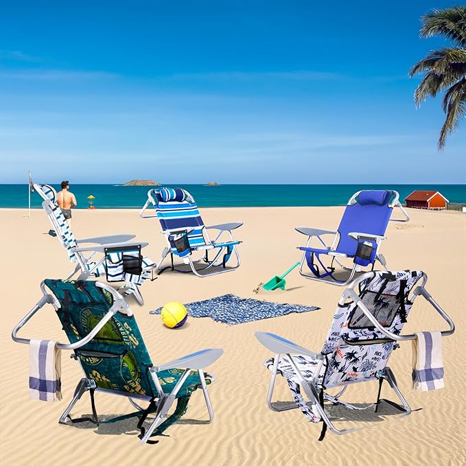 Portable Beach Chair for Adults, Outdoor Camping Chair Lay Flat Folding Backpack Beach Reclining Chair with 5 Positions, Headrest, Cup Holder, Heavy White Striped