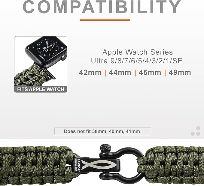 Savior Survival Gear Paracord Watch Band - Compatible with Apple Watch Band 49mm 46mm 45mm 44mm 42mm - iWatch Band Series Ultra 10 9 8 7 6 5 4 3 2 1 SE – Adjustable strap for men (Green, X-Large)