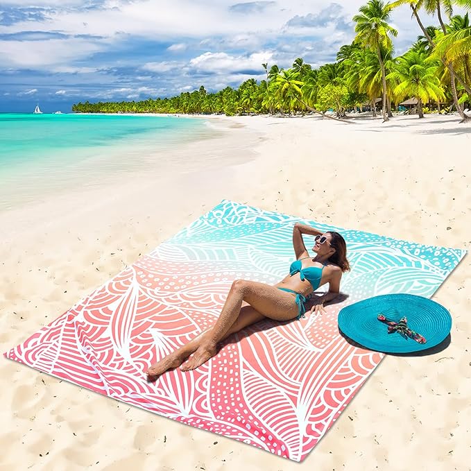 HIHOHO Beach Blanket Waterproof Sandproof Beach Mat for 1-8 Adults Quick Drying Durable Outdoor Picnic Mat for Beach Festival Travel Camping Hiking (Gradiant P&GN-Ripple, 79"×83"(4 Person))