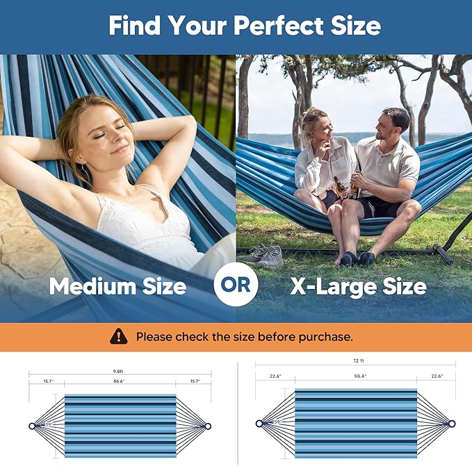 SUNCREAT Hammocks Outdoor Camping Double Hammock, Extra Large 2 Person Hammock for Camping, Blue Stripes