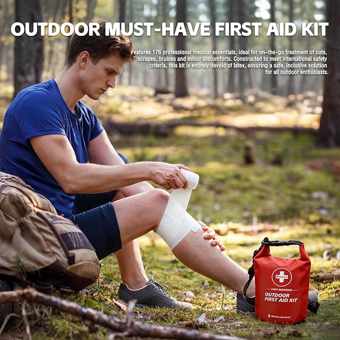 Waterproof First Aid Kit 186 Pcs Survival Gear, Portable Small Boat Dry Bag Bug Out Bags, Emergencies Medical Kit Ideal for Boating, Fishing, Hiking, Camping, Kayaking (Red)
