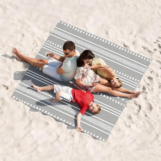Beach Blanket Waterproof Sandproof, 9x10 FT Extra Large Beach Mat for 2-8 Adult with Stakes & Storage Bag, Sand Free Lightweight Outdoor Picnic Blankets for Travel, Camping, Hiking-Gray Geometry