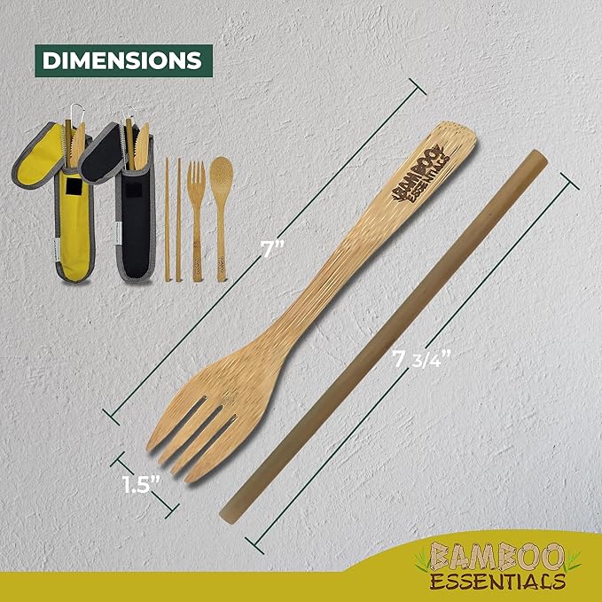 Travel Utensils with Case Set Fork, Knife, Spoon, Chopsticks, Straw, Straw-cleaning brush, Travel Pouch and Carabiner, Excellent For Everyday Use! ((2 Sets) Midnight Black/Sunrise Yellow)