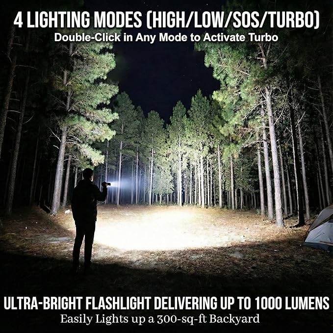 SuperFire 1000 Lumens Tactical Flashlight, Super Bright LED Rechargeable, Zoomable with Long Battery Life, 4 Light Modes Pocket Flashlight for Home, Mechanic, Camping, Emergency, Survival