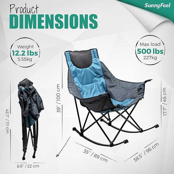 SUNNYFEEL Oversized Rocking Camping Chair, Fully Padded Patio Chair with Side Pocket, High Back Portable Lawn Recliner with Headrest, Outdoor Camp Rocker Chairs for Adults Heavy Duty 500 LBS Carry Bag