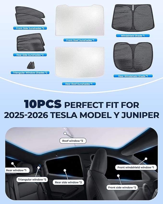 10 Pack Roof Sunshade & Full Window Shades [with Secure Suction Cups] for 2025–2026 Tesla Model Y Juniper, Sunroof Windshield Side Window Rear Covers, Heat-Blocking Privacy Shades for Camping