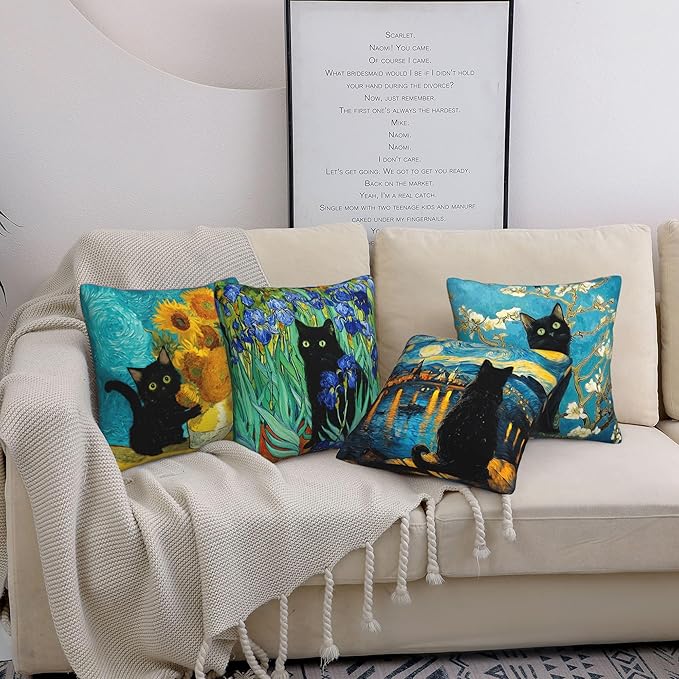 Black Cat Throw Pillow Covers 18 X 18 Inch Set of 4 Decorative Cushion Cover Home Decor for Sofa Chair Couch Bedroom Living Room