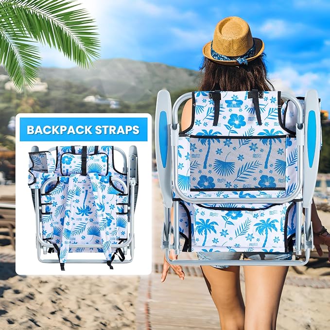 Portable Beach Chair for Adults, Outdoor Camping Chair Lay Flat Folding Backpack Beach Reclining Chair with 5 Positions, Headrest, Cup Holder, Heavy Blue Coconut Tree