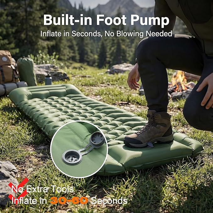 Sleeping Pad, 4” Thick Backpacking Sleeping Pad with Built-in Foot Pump & Pillow, Ultralight Self Inflating Air Mattress Camping Mat for Hiking, Tent,Travel Gear (Green)