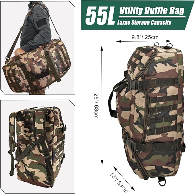 Hannibal Tactical 55L Large Duffle Bag, 3-in-1 Tactical Backpack MOLLE Pack for Sports, Gym, Outdoor, Woodland