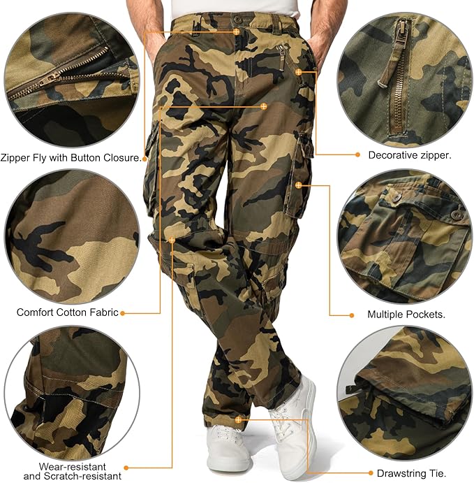 Men's BDU Casual Military Pants, Tactical Wild Army Combat ACU Rip Stop Camo Cargo Work Pants Trousers with 8 Pockets