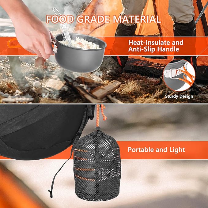 Camping Cookware Set, Portable Camping Mess Kit with Non-Stick Pots, Pans Set and Folding Fork, Lightweight Backpacking cookware Cooking Set for Outdoor/Camping/Hiking/Picnic