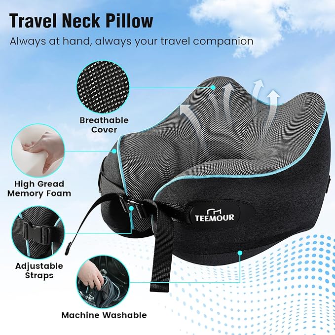 Teemour Neck Pillow for Traveling, Travel Neck Pillows for Airplanes, GIFS for Mom Memory Foam Airplane Pillow for Long Flight, Travel Essentials, Design for Airplane, Car & Office