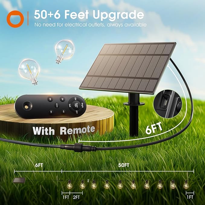 addlon 56FT(50+6) Solar String Lights Outdoor with Remote, 27 Shatterproof G40 Bulbs, Solar Powered & USB Charging Patio Lights, Dimmable Waterproof Solar String Lights for Outside, Camping, Backyard