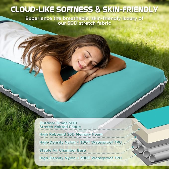Elegear Air & Foam Self-Inflating Sleeping Pad, CumbreX™ 4" Ultra-Thick Memory Foam Camping Mattress Pad with Air Pump, Compact R-Value 9.5 4-Season Camp Mat for Travel Outdoor - Single Blue