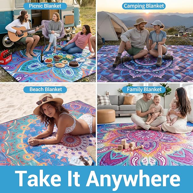 60x80" Picnic Blankets Outdoor XL Giant Waterproof Sandproof Beach Blanket Lightweight Foldable Camping Sand Mat Summer Glamping Camp Equipment Gifts Travel Trailer Hawaii Vacation Accessories
