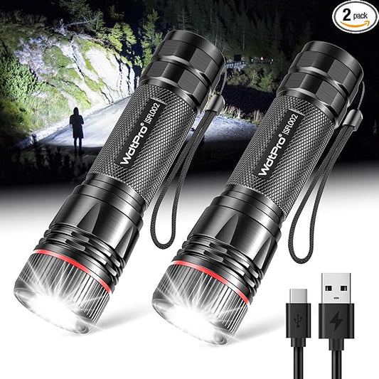 WdtPro Rechargeable Flashlights High Lumens, 2 Pack 10H Long Lasting Super Bright EDC Flashlight, LED Mini Tactical Flash Lights for Camping Emergency, Drop & Water Resistant (Battery Included)