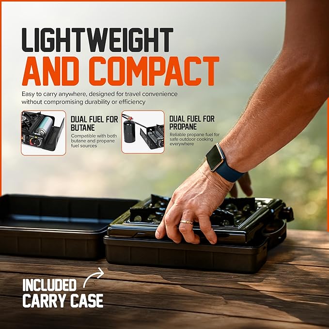 Portable Camping Stove with Plastic Suitcase 3000W Butane or Propane Fuel Compatable (Propane Adapter not Included), Automatic Ignition, Precise Heat Control, for Camping, Hiking, and Outdoor Cookwing