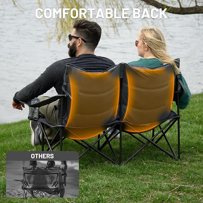 TIMBER RIDGE 2 Person Folding Loveseat Comfortable Double Foldable Camping Chair Folding Lawn chairs for Outside, Grey