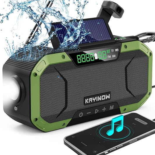 Hand Crank Solar Power Emergency Radio with Waterproof Bluetooth Speaker,Portable AM FM NOAA Weather Radio,5000mAh/18500mWh Rechargeable, Phone Charger,Flashlight,SOS,Survival Storm Camping