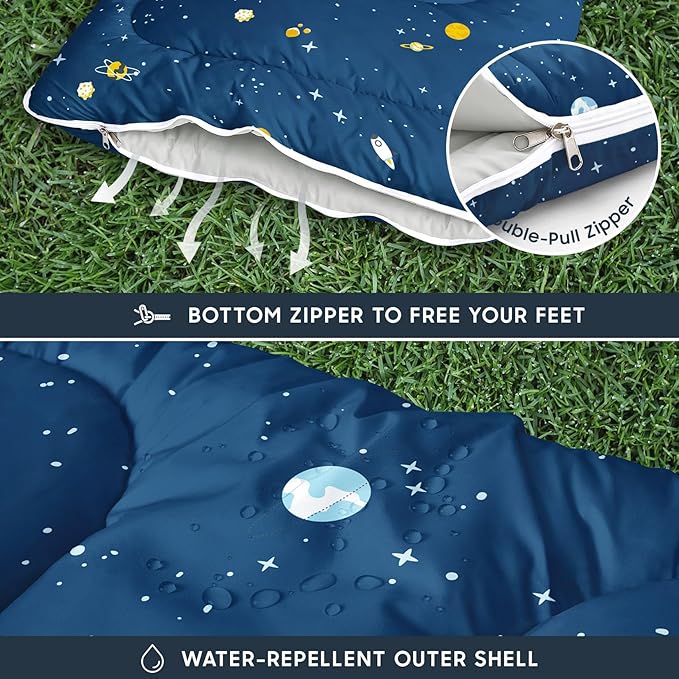 Wake In Cloud - Kids Sleeping Bag for Boys Toddlers, Camping in Warm Cold Weather, Backpacking Lightweight Compact Outdoor Liner for 3 Seasons, Galaxy Space