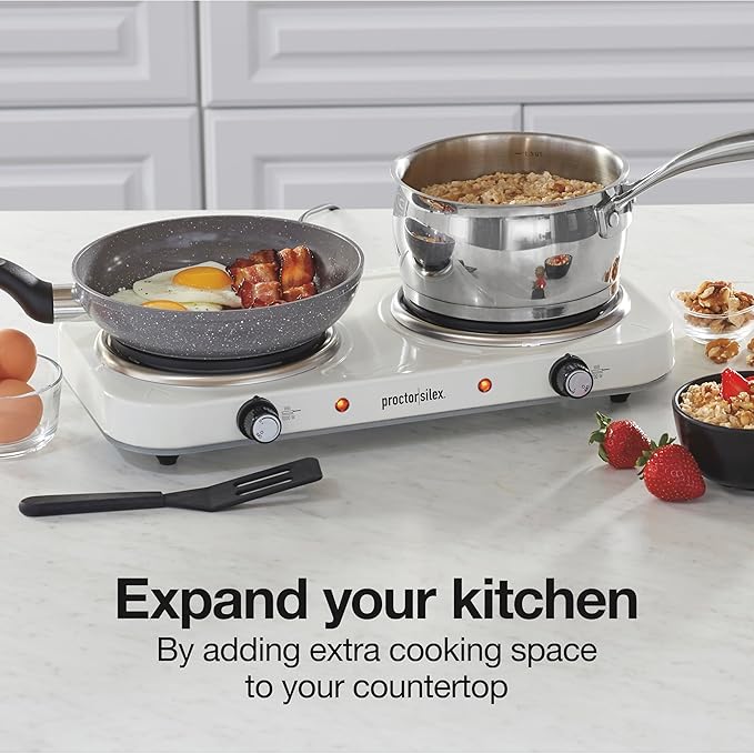 Proctor Silex Portable Electric Stove, Cast Iron Double Burner Cooktop, Compact, Adjustable Temperature Hot Plate, 1700 Watts, White (34117)