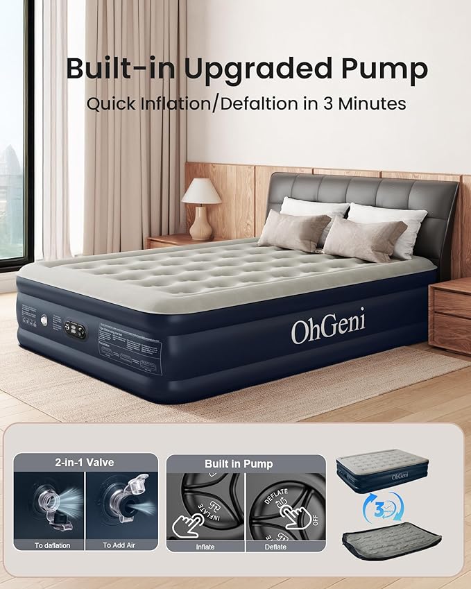 OhGeni Air Mattress Queen with Built in Pump, Ideal Alternative to a Bed, Blow Up Colchones Inflables Mattress for Guests, Portable Air Mattresses, 18" Raised Elevated Air Bed for Camping, Dark Blue