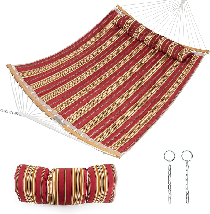 Tangkula 11FT Double Hammock, Heavy Duty Outdoor Hammock with Curved Spreader Bars, Detachable Pillow, 2 Person Hammocks for Outside, Porch, Patio (Red)