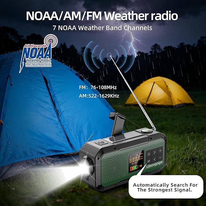 Emergency Radio Waterproof Bluetooth Speaker,Portable Digital AM FM Radio with 2000mAH Cell Phone Charger,Flashlight,Hand Crank NOAA Weather Radio with Solar Panel,Emergency Survival Kit (Deep Green)