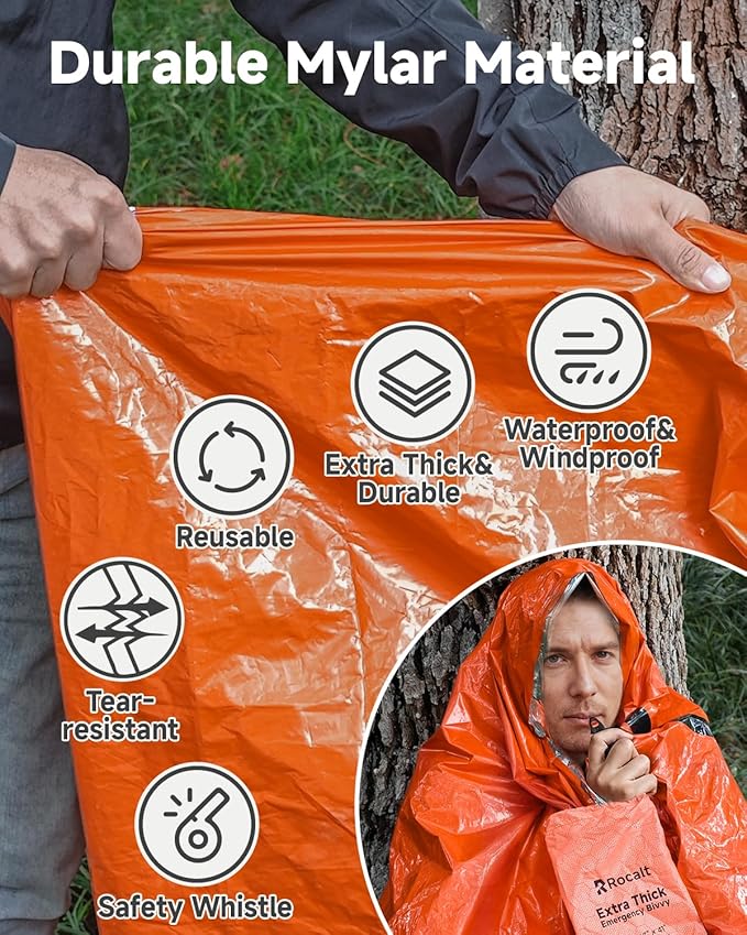 Rocalt Emergency Sleeping Bag | Ultralight Mylar Emergency Blanket, Extra Thick Space Blanket, Waterproof & Portable Thermal Bivy Sack for Camping, Hiking, and Outdoor Adventures