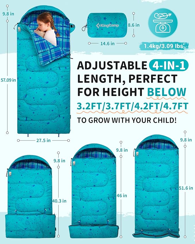 KingCamp 45°F Kids Sleeping Bag, Lightweight Waterproof & Compact Flannel Sleeping Bags Cold Weather & Warm Youth Essentials Gear Accessories for Camping, Fits 10-12 Children up to 4'7"-5'5" Tall