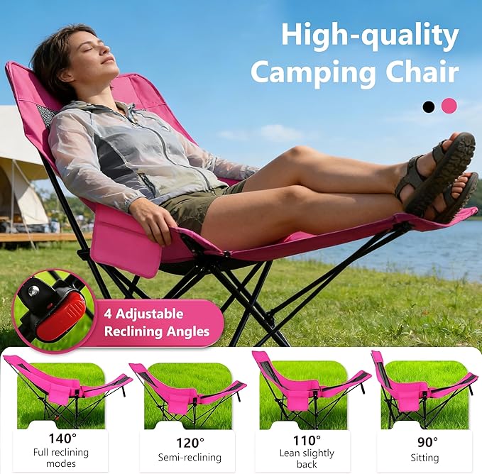 Hot Pink Reclining Camping Chair with Footrest, Portable Folding Lounge Chair, 4-Position Adjustable Folding Camping Chair With Headrest & Storage Bag for Outdoor Lawn, Hiking, Picnic, Fishing