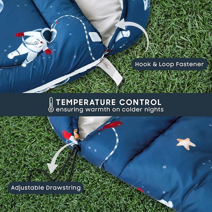Wake In Cloud - Kids Sleeping Bag for Boys Toddlers, Camping in Warm Cold Weather, Backpacking Lightweight Compact Outdoor Liner for 3 Seasons Summer Spring Fall, Space Rocket Blue