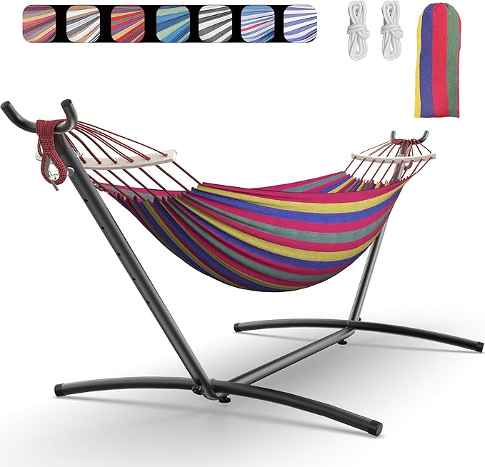 EveryFun Double Hammock with Heavy-Duty Steel Stand,Portable,Easy Assembly,600lbs Weight Capacity,Suit for Indoor,Yard,Camping,or Outdoor-Wide Red