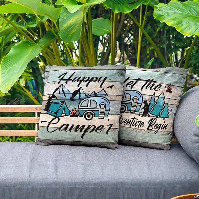 Happy Camper Pillow Covers Set of 2, Vintage Decorative Camping Pillow Cover Camper Decorations for Inside Gifts for Outdoor Travel Pillowcases for RV Couch Living Room (Insert Excluded)