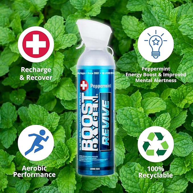 Boost Oxygen Large Revive Peppermint Aroma 10L Canister | Respiratory Support for Aerobic Recovery, Altitude, Performance & Health (12 Pack)