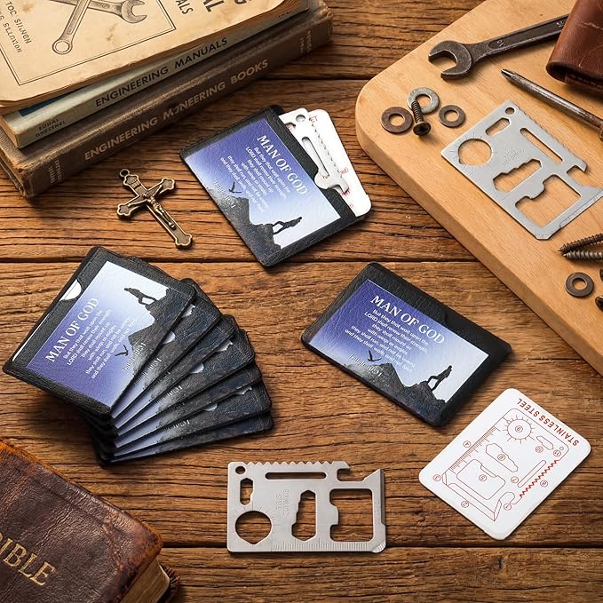 10 Pcs Man of God 11 in 1 Stainless Steel Credit Card Multitool Father's Day Gifts Survival Wallet Tool Bible Verse Ephesians 6: 10-11 Pocket Tool Set for Men Church Prizes Party Favor
