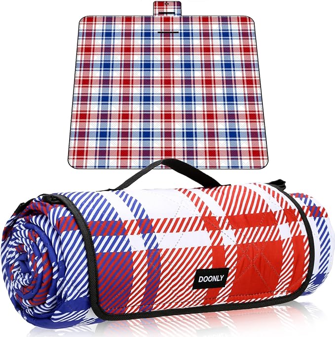 Doonly Picnic Blanket, 78" x 78" Large Waterproof Sandproof Beach Blanket, Foldable Outdoor Blanket Picnic Mat for Beach, Camping, Park, Grass, Lawn, Travel (Blue/Red/White)