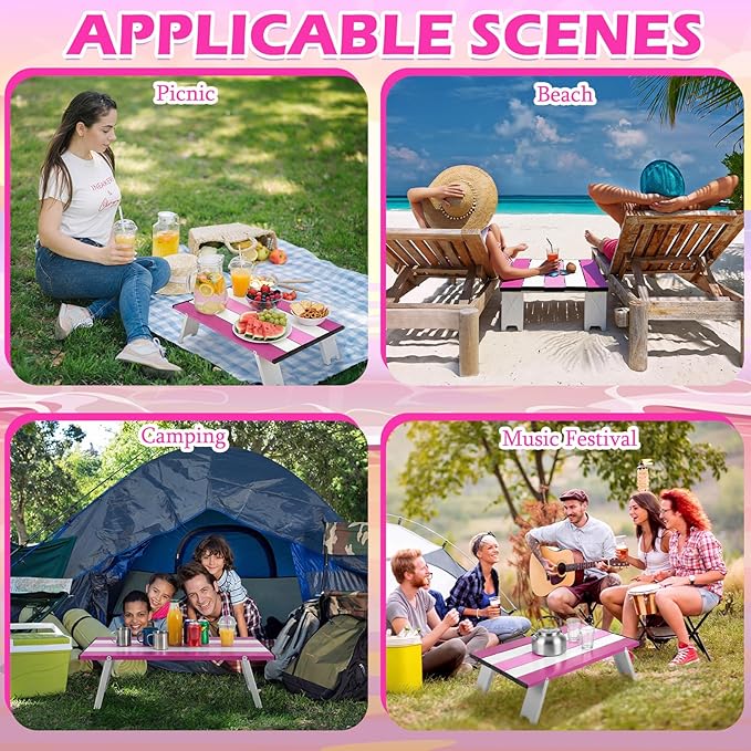 CroBlissful Beach Table Folding Camping Portable Table Striped White Aluminum Side with Carry Bag for Camping Picnics and Outdoor Activities(16x11x5 in,Pink)