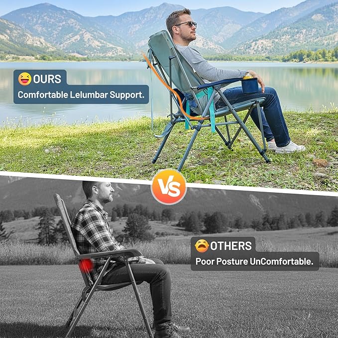 TIMBER RIDGE Oversized Camping Chair with Lumbar Support, Portable Folding Chair Heavy Duty for Adults Supports 450 LBS for Outdoor Camping Lawn, with High Back, Cup Holder, Side Pocket, Blue