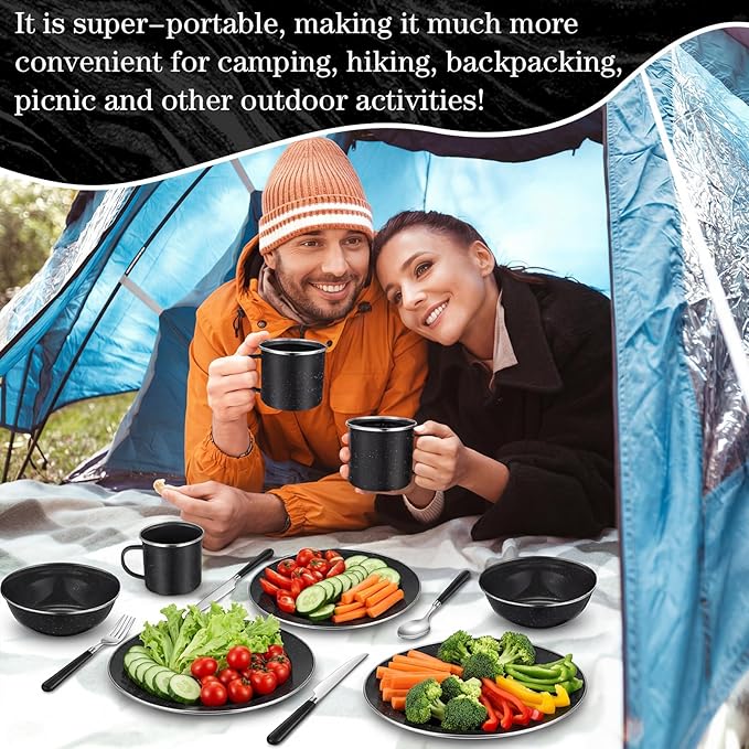 Nuogo 12 Pcs Enamel Camping Tableware Set Dinnerware Kit Includes 12 oz Coffee Mugs Camping Plates Bowls and Utensils Set with Knife Fork Spoon for 2 People Hiking Picnic Outdoor