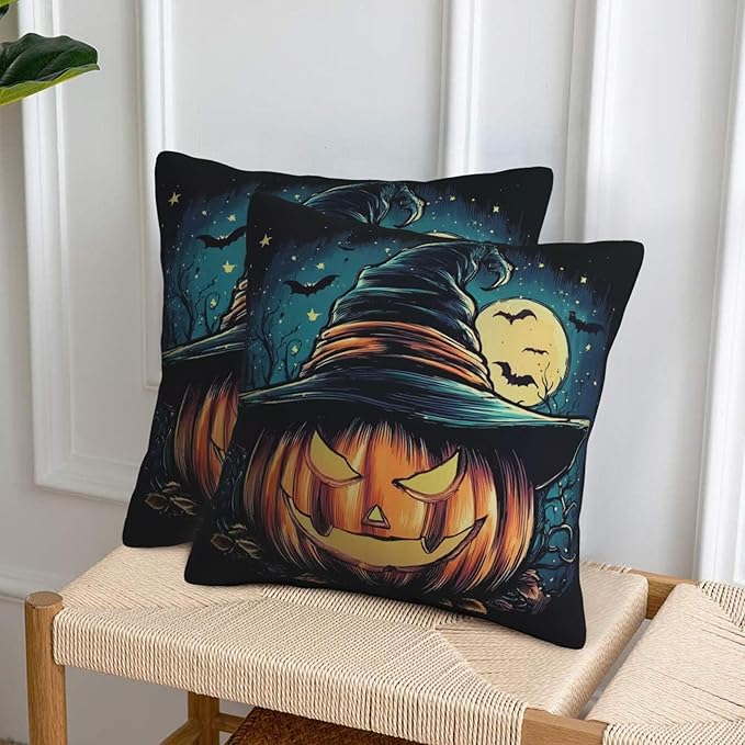 Halloween Evil Pumpkin Throw Pillow Covers 18x18 inch Set of 2 Bat Pillow Case Cushion Cover for Home Sofa Couch Living Room Car Decor