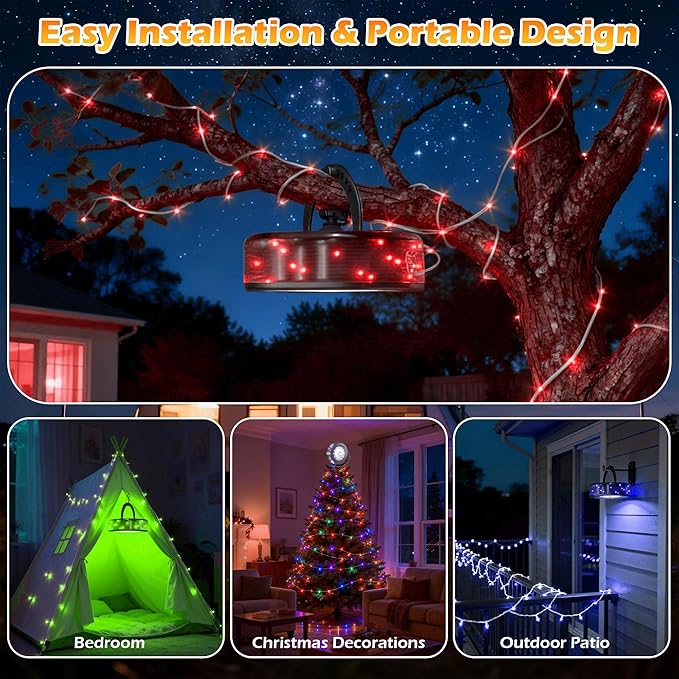 5200 mAh Solar Camping String Lights, Portable RGB Fairy String Light, 33FT 4-in-1 Waterproof Hanging String Lights, USB-C Rechargeable Phone Charger for Christmas Decor, Patio, Party