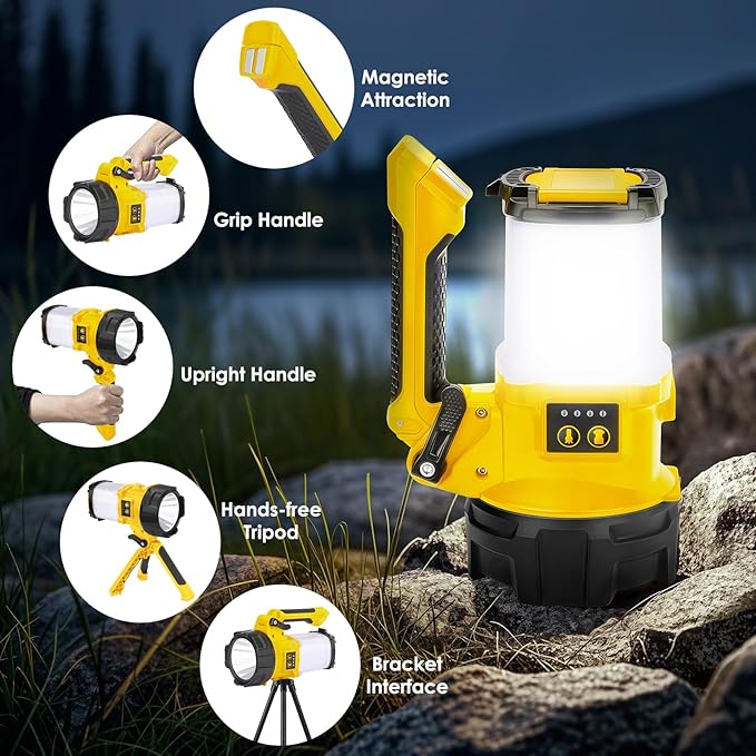 BOBKID Tripod Rechargeable Camping Lantern, 6 Modes LED Flashlight Handheld Spotlight with 4000LM, IPX4 Waterproof Searchlight Work Light for Emergency Hiking Survival Kit - Yellow