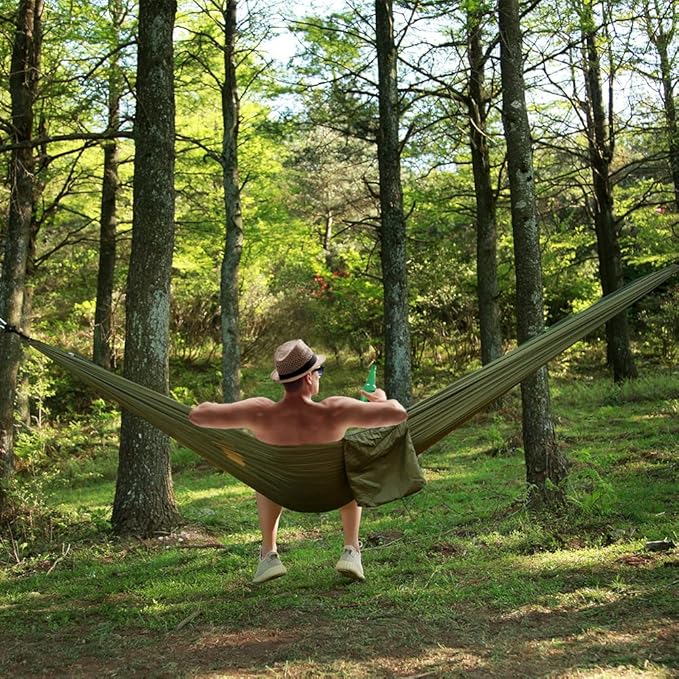 Camping Hammock, Double & Single Portable Hammock with Tree Straps, Lightweight Nylon Hammock Swing Set with Net and Rain Fly Tarp and Pocket for Backpacking Hiking Travel Outdoor(ArmyGreen)