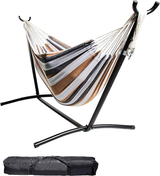 Backyard Expressions Double Camping Hammock with Steel Stand & Carrying Bag, Adjustable Height, Ultra Soft Cotton Blend, 550 lb Capacity, Indoor & Outdoor Portable Hammock
