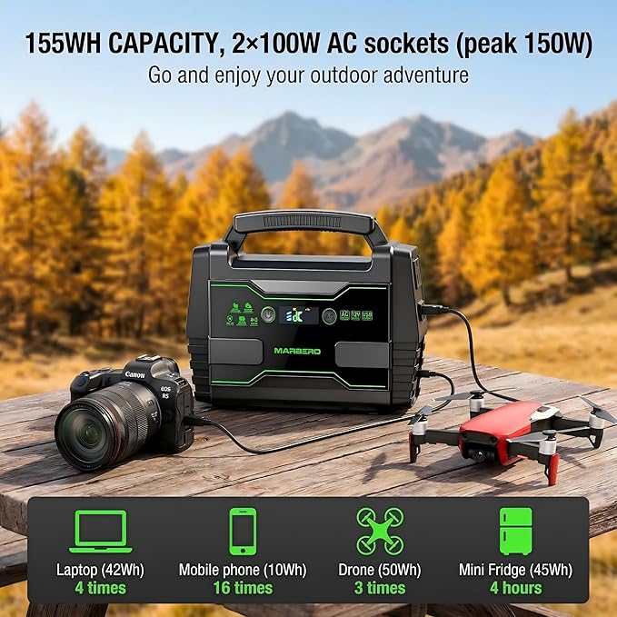 MARBERO Solar Generator 155Wh with 30W Solar Panel Portable Power Station with 2x 100W AC Outlets(Peak 150W), QC3.0 USB UL Certified for Home Blackout, Camping, RV Travel, Ultra-Light & Silent Fan