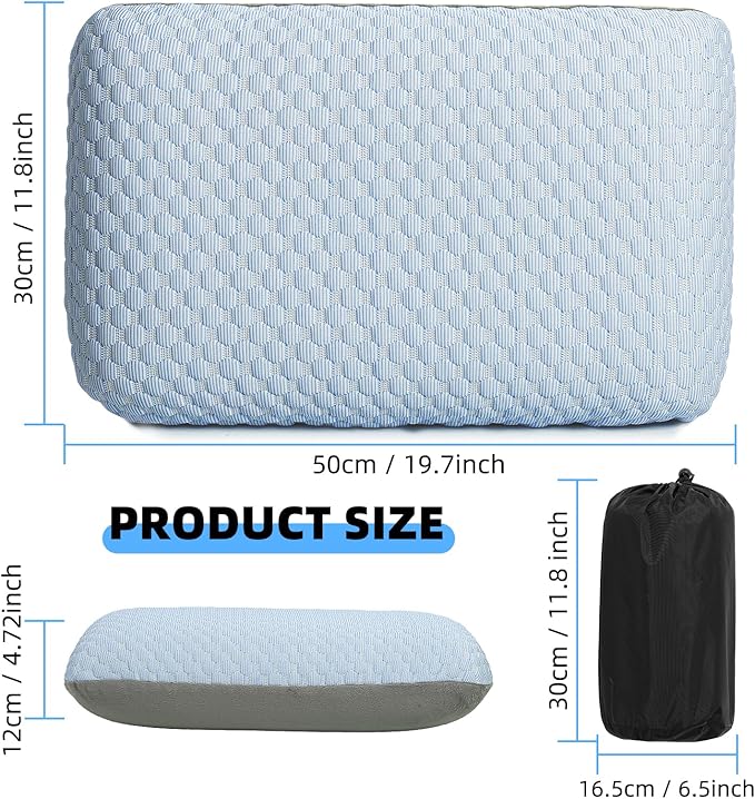 Crisonky Travel and Camping Pillow- Compressible Medium Firm Memory Foam Pillow with Carry Bag for Backpacking & Airplane, Lumbar Support. Breathable Cooling Fabric, Washable Pillowcase (Wathet Blue)