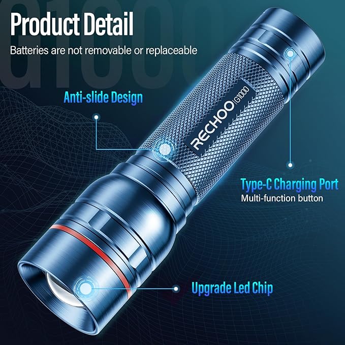 RECHOO Rechargeable Flashlights High Lumens, Super Bright Flash Light 2 Pack, Small Zoomable LED Flashlight with 3 Lighting Modes, Portable Tactical Flashlight for Camping Essentials (Blue)